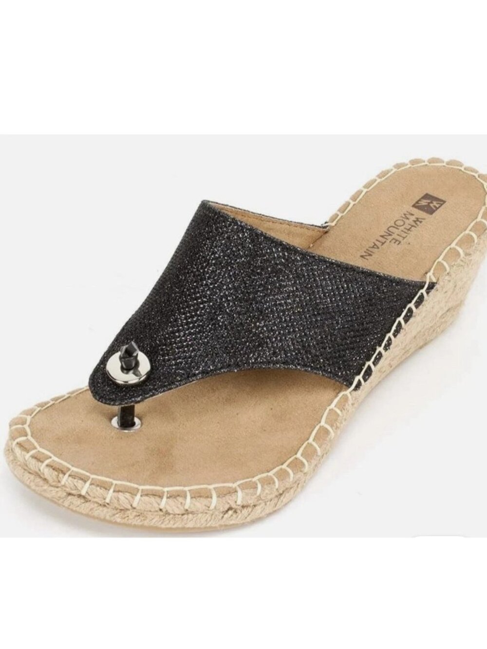 White Mountain Baywatch Espadrille Wedge Thong Sandal Sz 9.5 Black Sparkly Upper